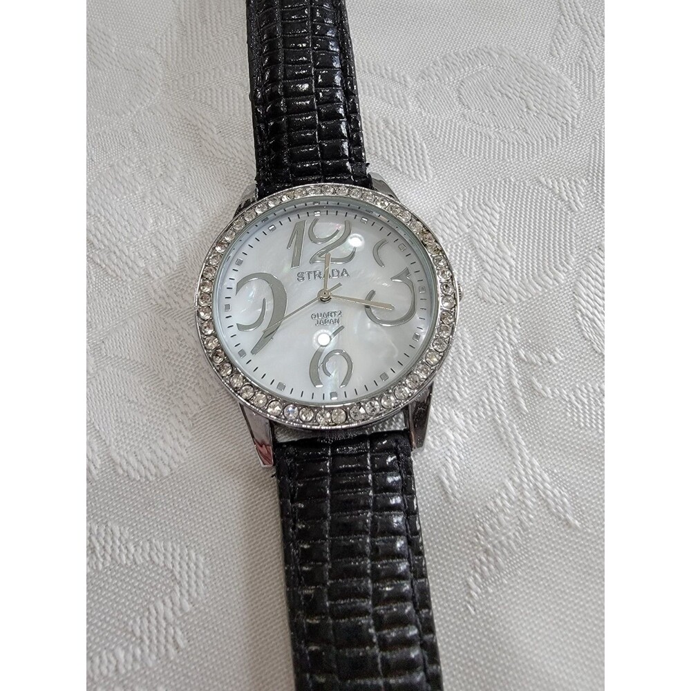 Strada Ladies Watch With Black Leather Band